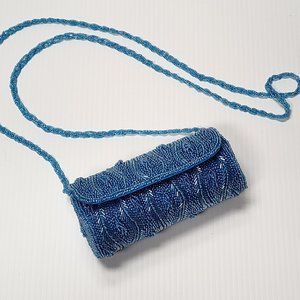 New Handmade Blue Beaded Sequin Evening Bag Clutch w/ Strap made in Nepal